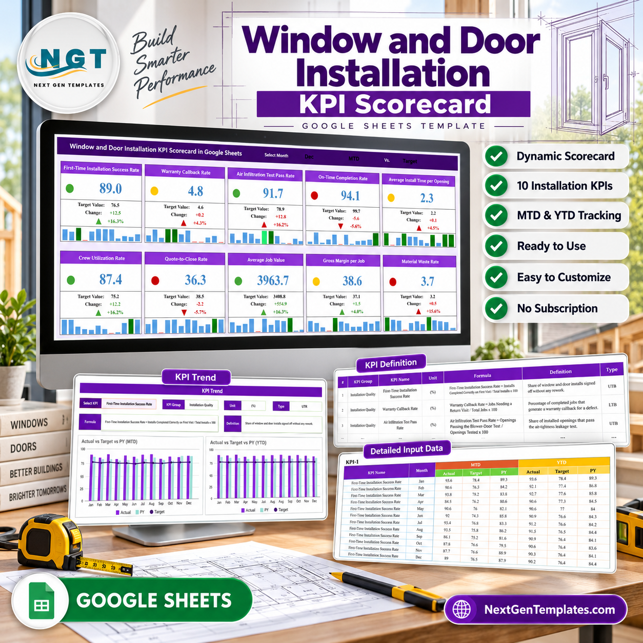 Window and Door Installation KPI Scorecard in Google Sheets