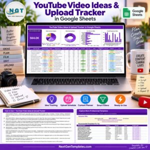 YouTube video ideas upload tracker in Google Sheets product cover