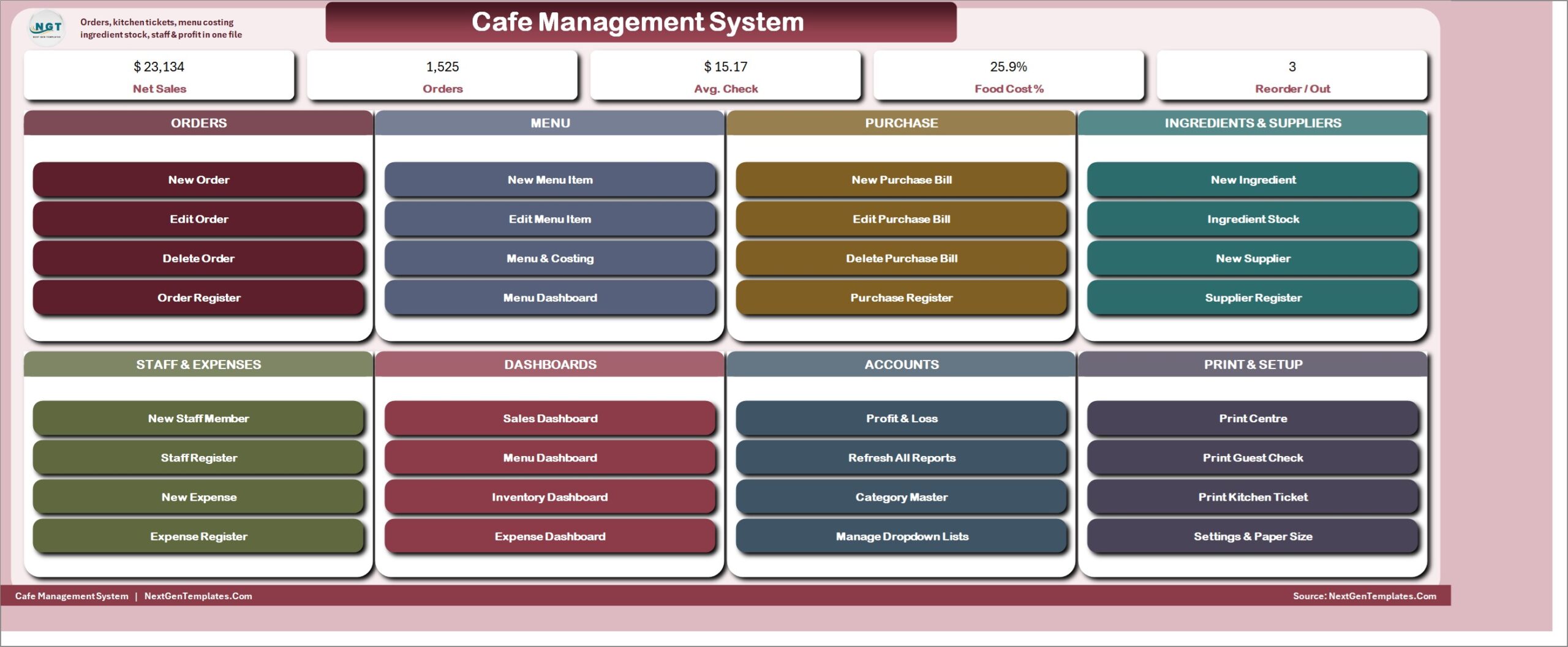 Cafe Management System in Excel - MAIN menu