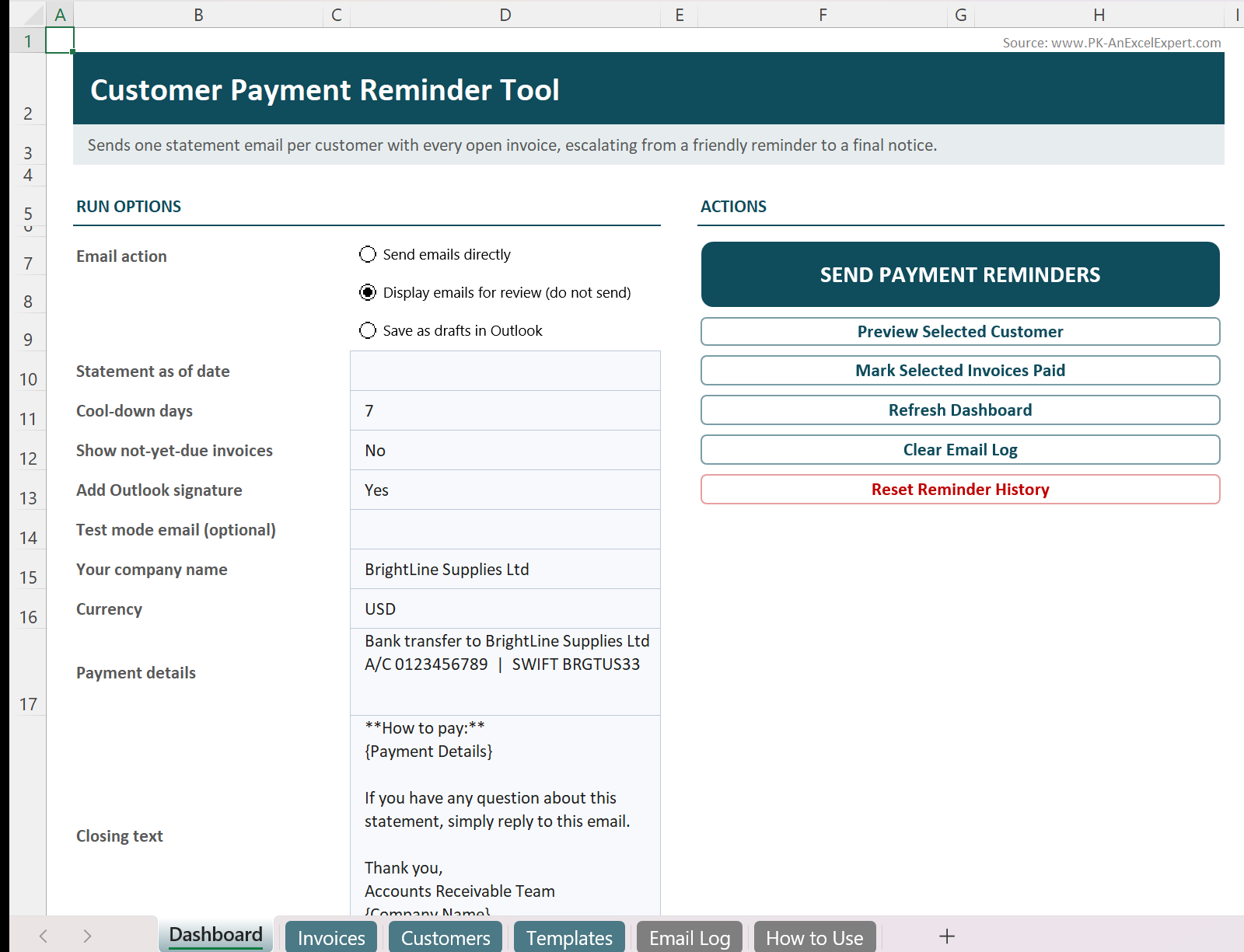 Customer Payment Reminder Tool in Excel VBA - Dashboard run options and actions