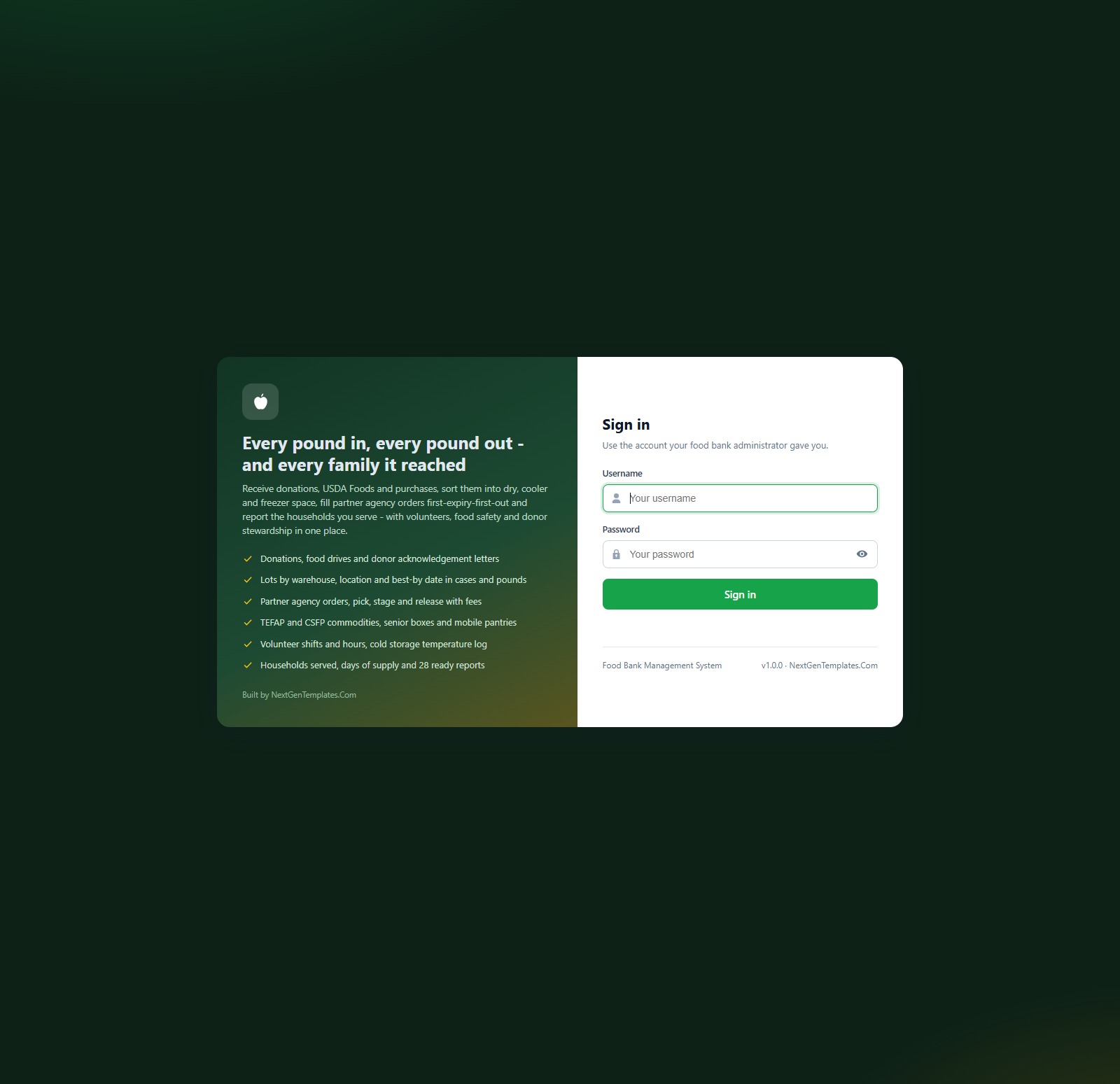 Food Bank Management System Web App sign-in page