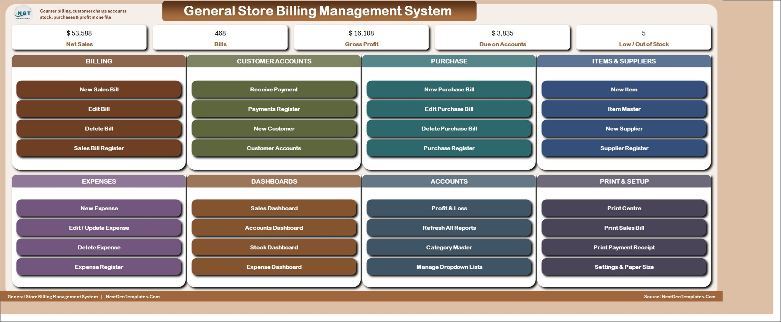 General Store Billing Management System in Excel VBA - MAIN menu