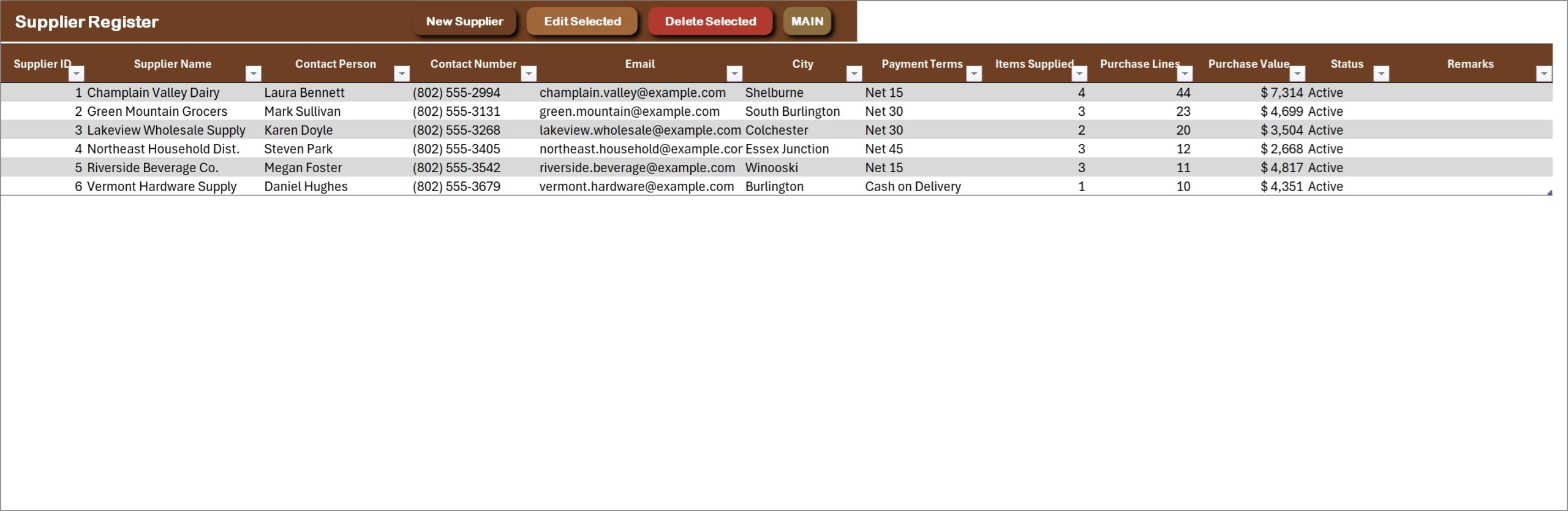 General Store Billing Management System in Excel VBA - Supplier Register