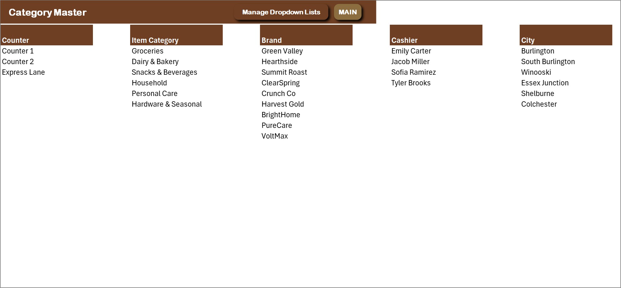 General Store Billing Management System in Excel VBA - Category Master