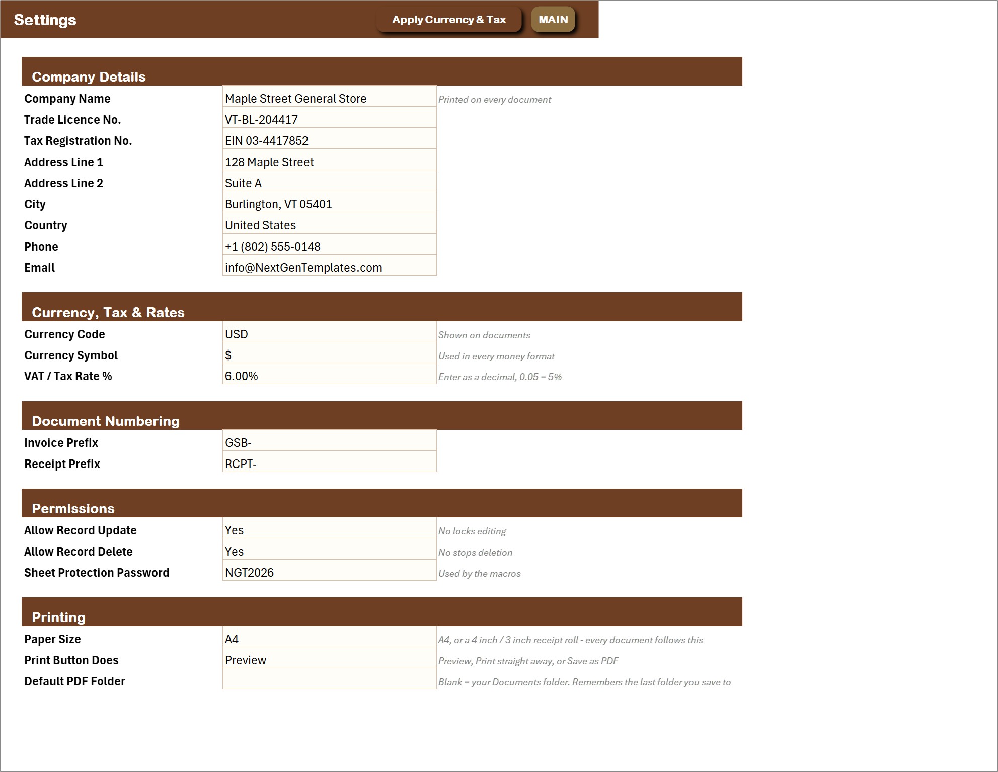 General Store Billing Management System in Excel VBA - Settings