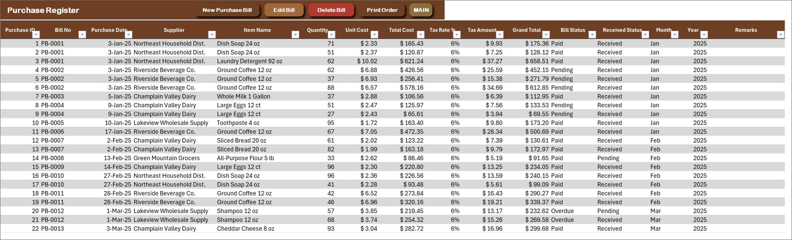 General Store Billing Management System in Excel VBA - Purchase Register