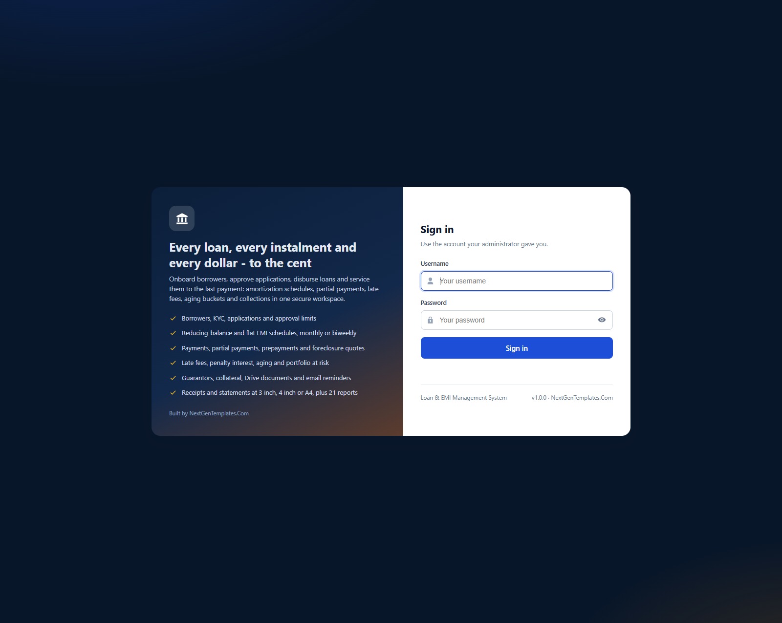 Loan & EMI Management System web app: Sign-in page