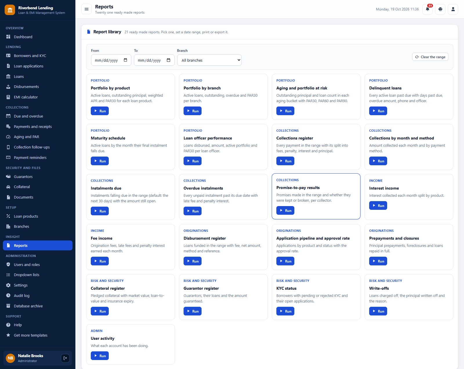 Loan & EMI Management System web app: Reports