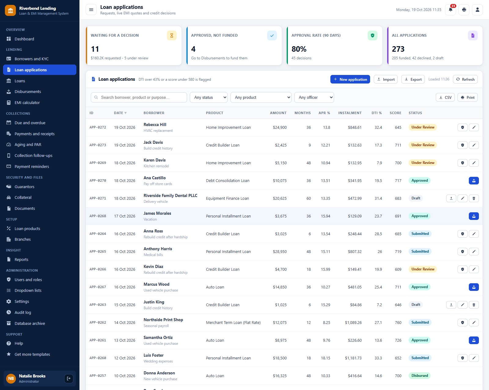Loan & EMI Management System web app: Loan applications