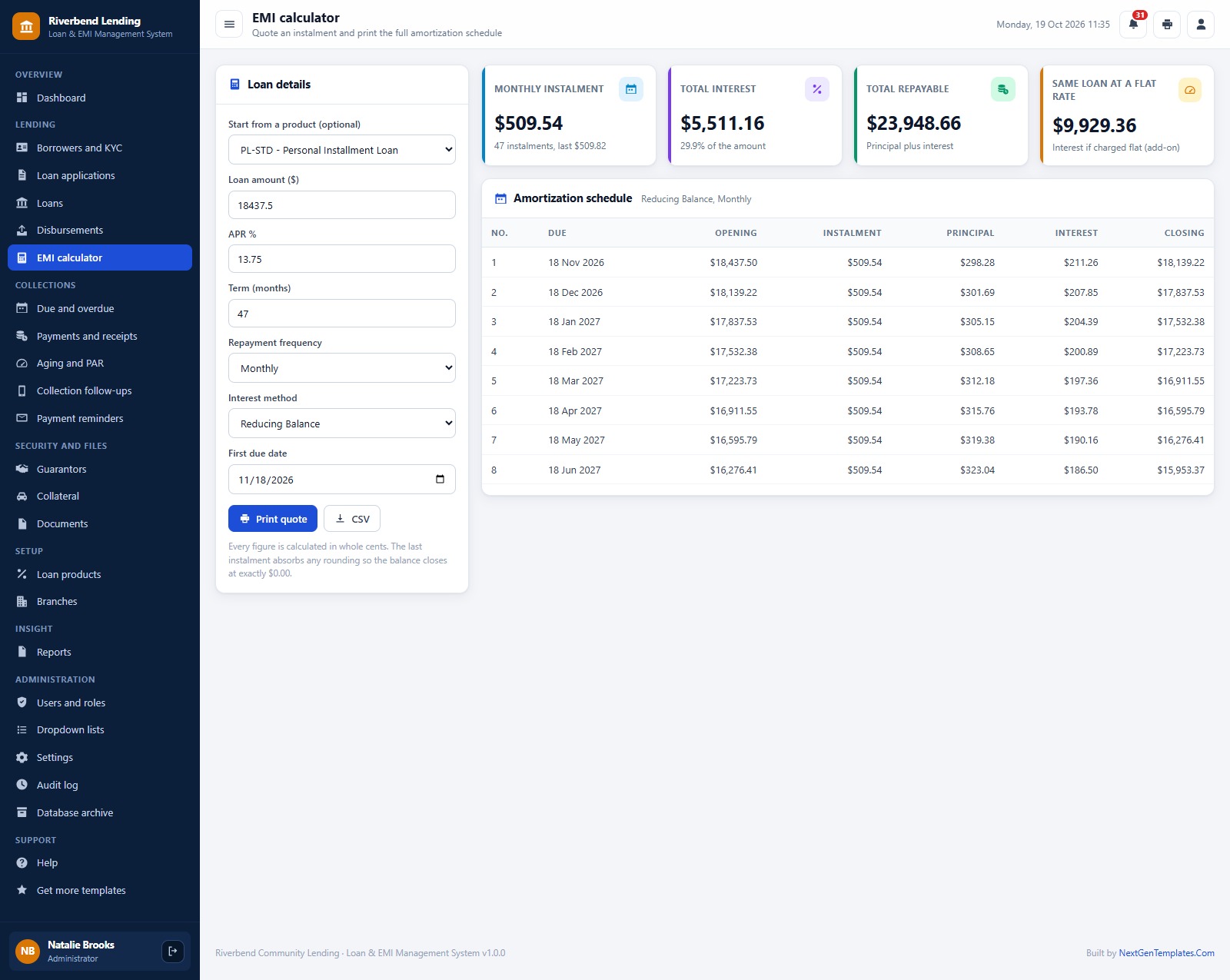 Loan & EMI Management System web app: EMI calculator