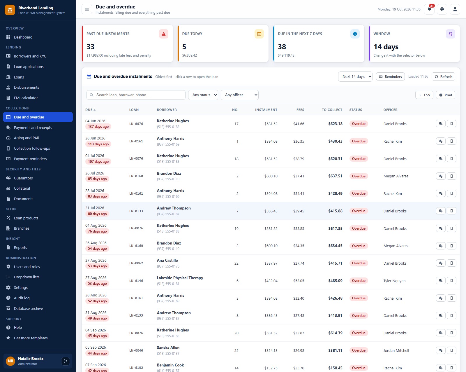 Loan & EMI Management System web app: Due and overdue