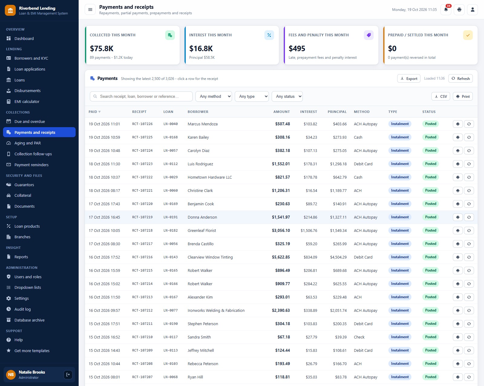 Loan & EMI Management System web app: Payments and receipts