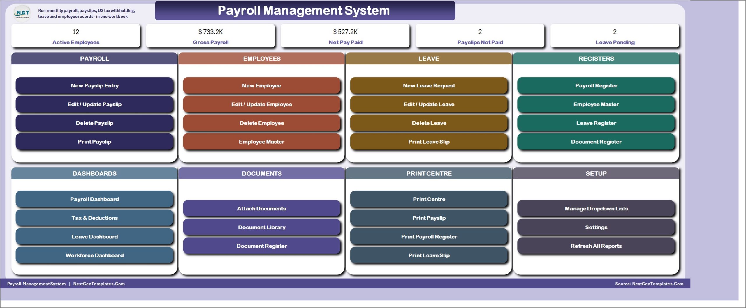 Payroll Management System in Excel - MAIN menu