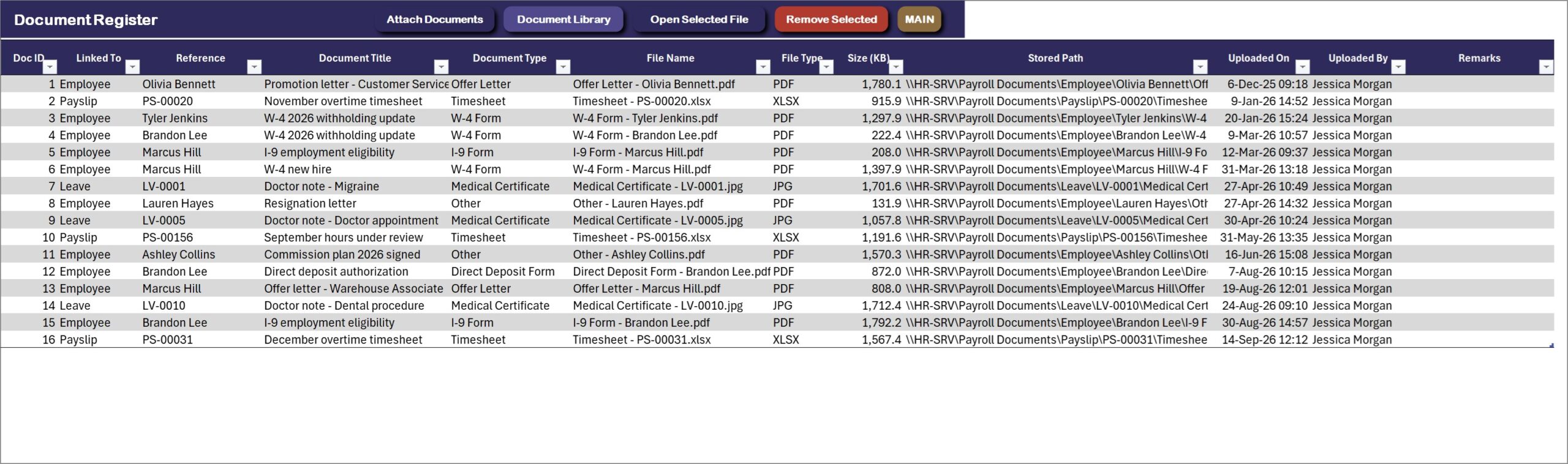 Payroll Management System in Excel VBA - Document Register