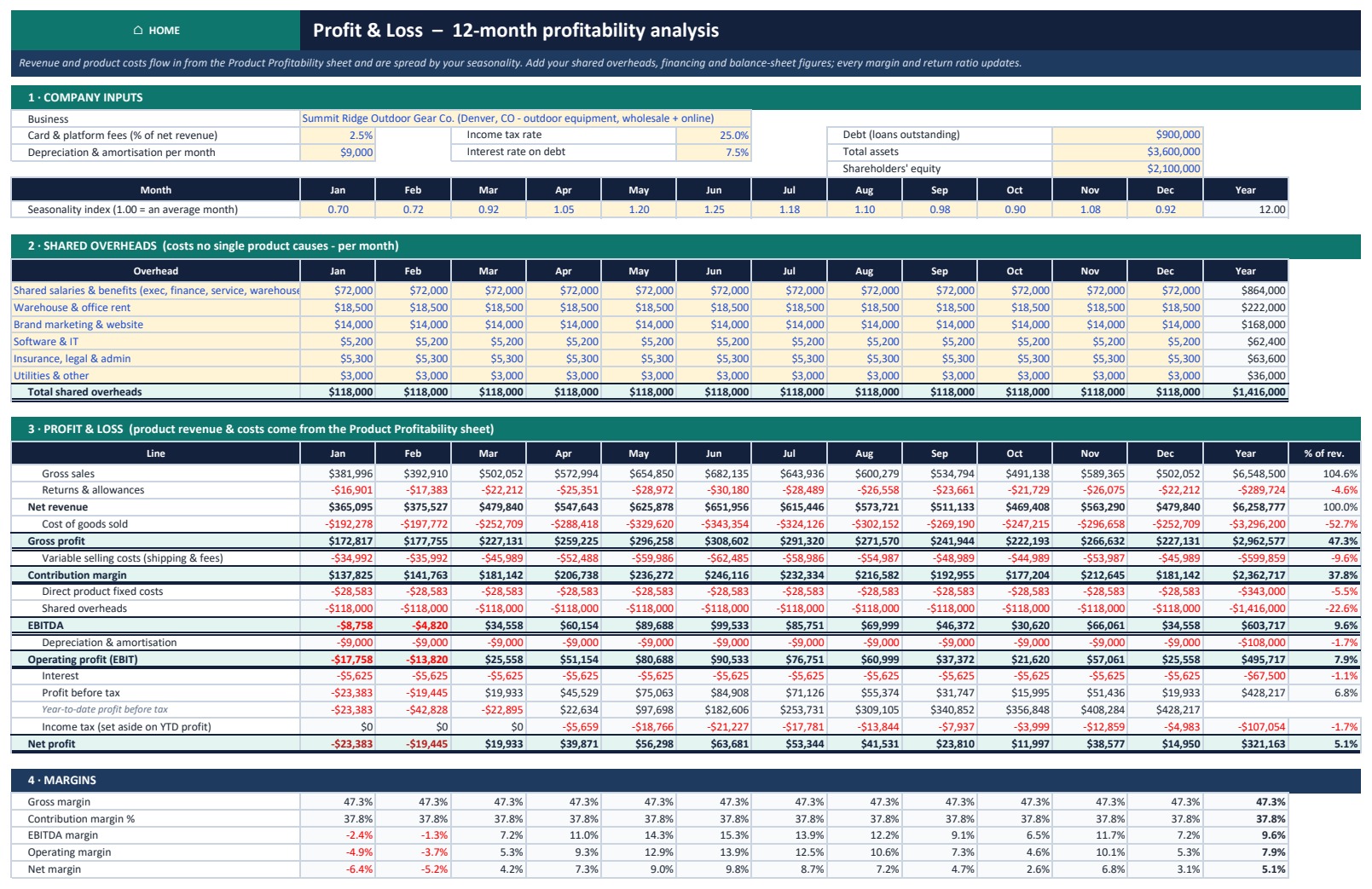 Profitability Analysis Pack in Excel - Profit and Loss 12-month analysis