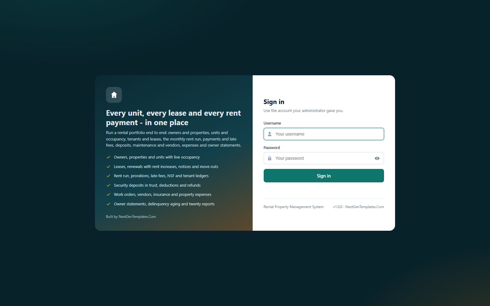 Rental Property Management System Web App sign-in page