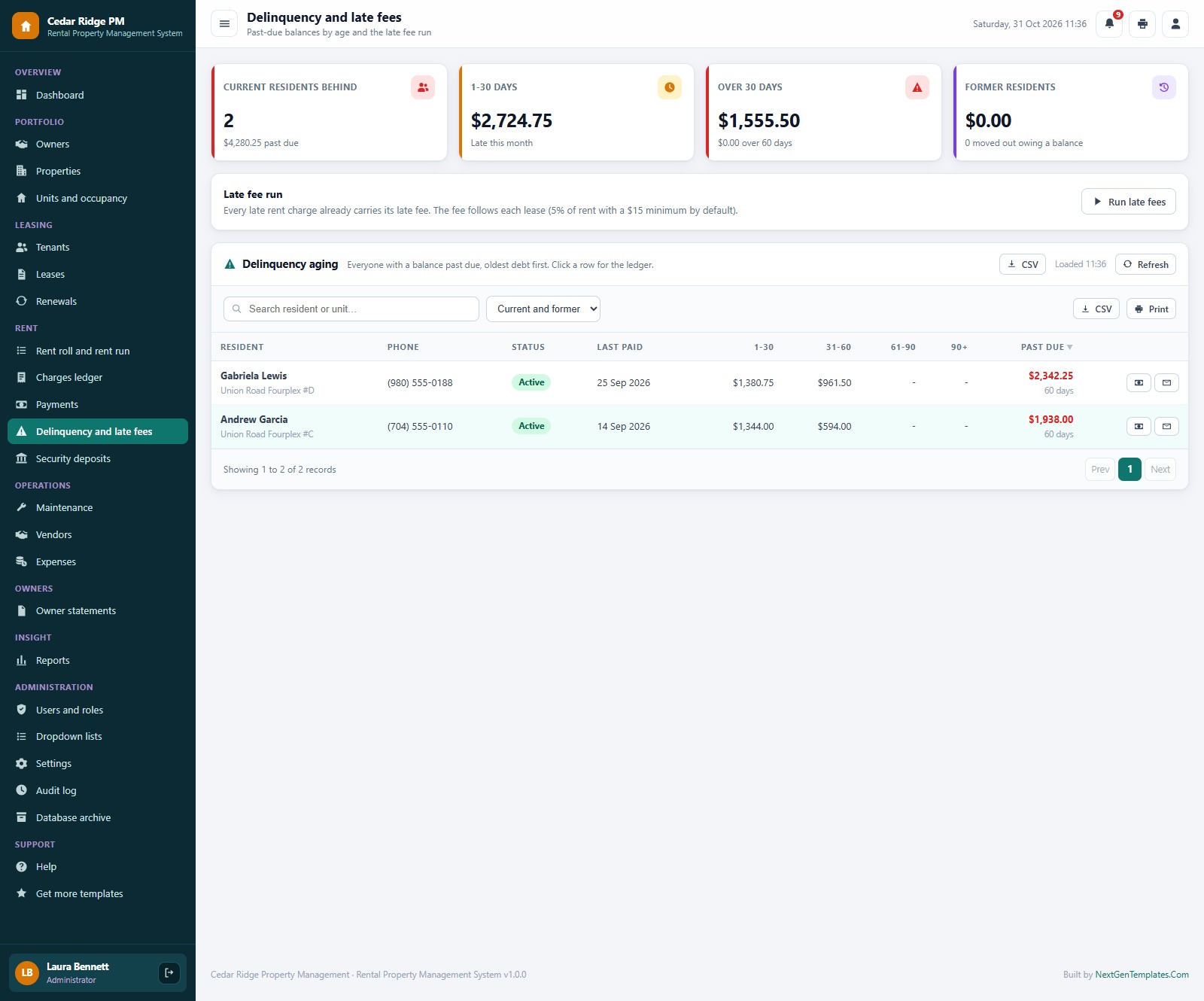 Rental Property Management System Web App delinquency aging and late fee run