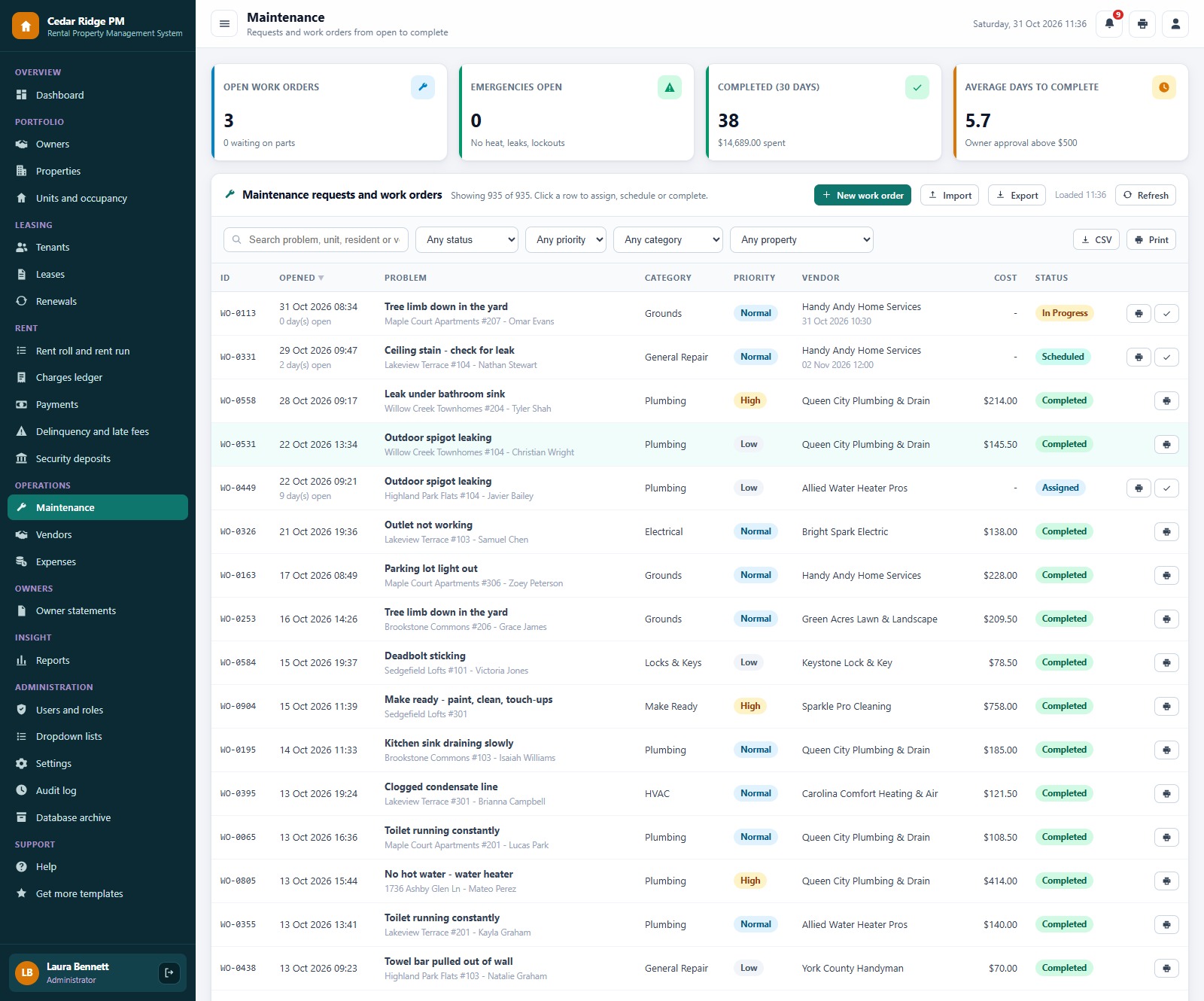 Rental Property Management System Web App maintenance requests and work orders