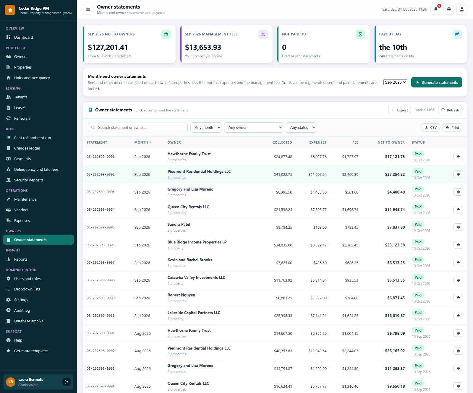 Rental Property Management System Web App month-end owner statements