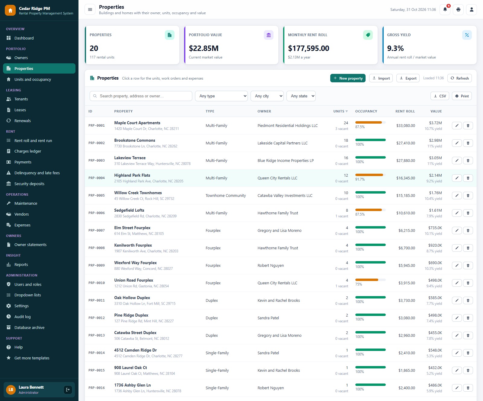 Rental Property Management System Web App properties with units, occupancy, rent roll and gross yield