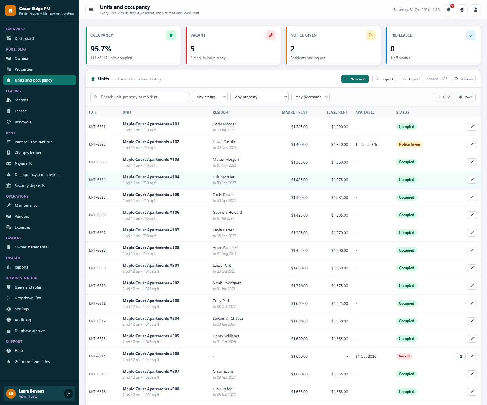 Rental Property Management System Web App units and occupancy