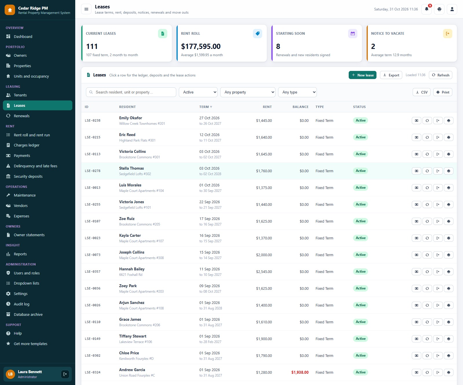 Rental Property Management System Web App leases with record payment, renew and notice buttons