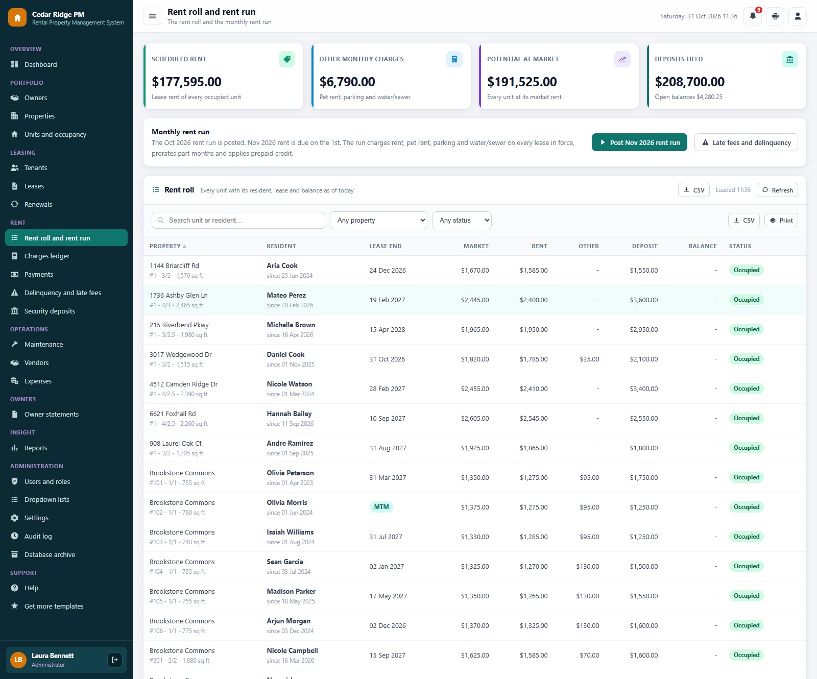Rental Property Management System Web App rent roll and monthly rent run