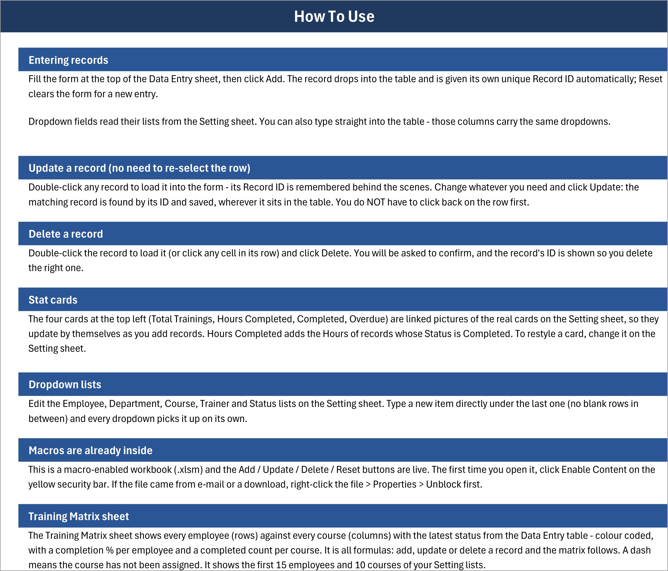 How to use instructions for the training matrix data entry system