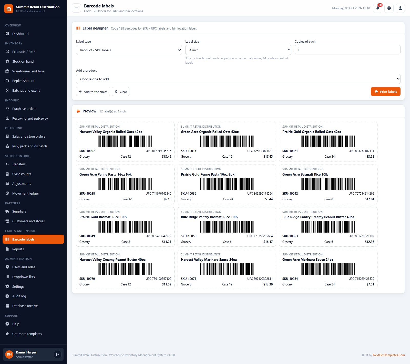 Warehouse Inventory Management System Web App - barcode labels