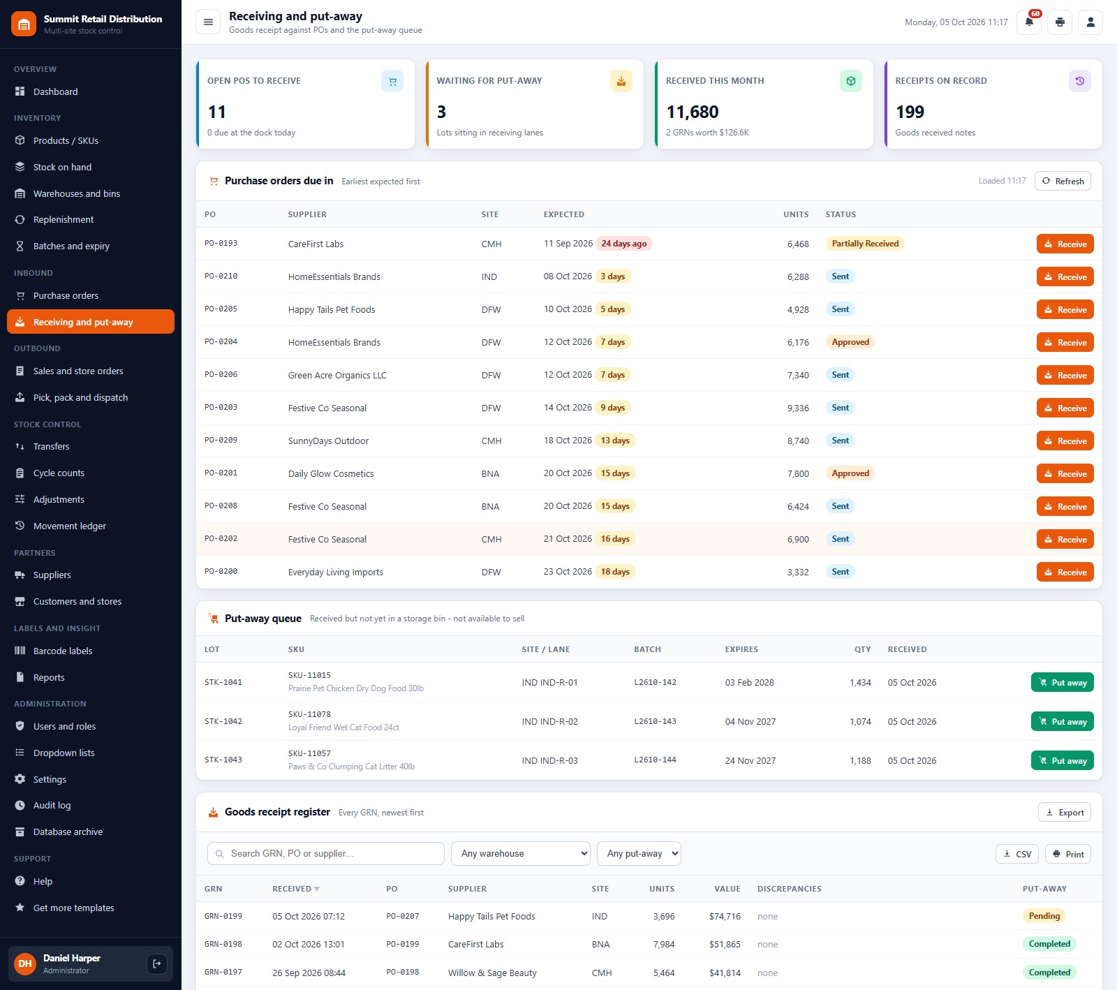 Warehouse Inventory Management System Web App - receiving and put-away