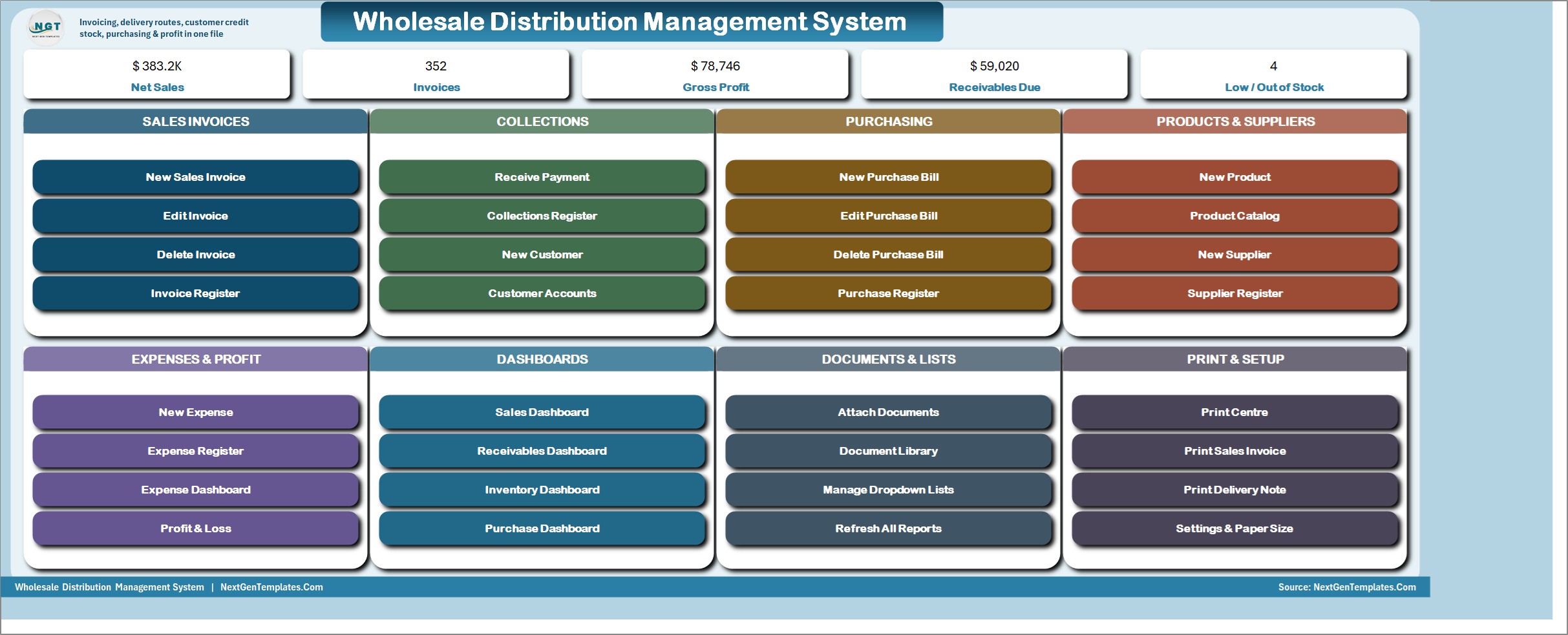 Wholesale Distribution Management System in Excel VBA - MAIN menu