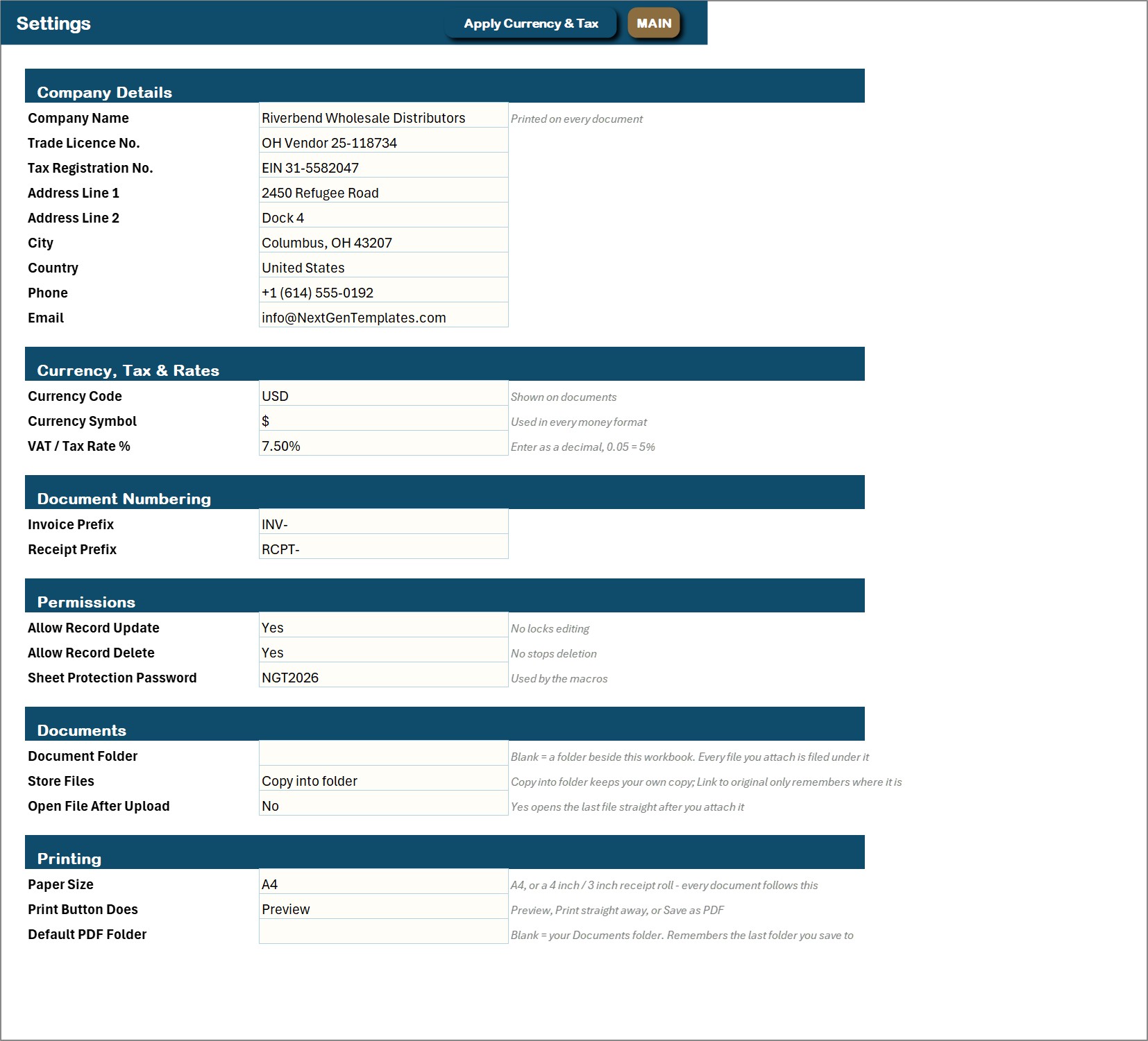 Wholesale Distribution Management System in Excel VBA - Settings